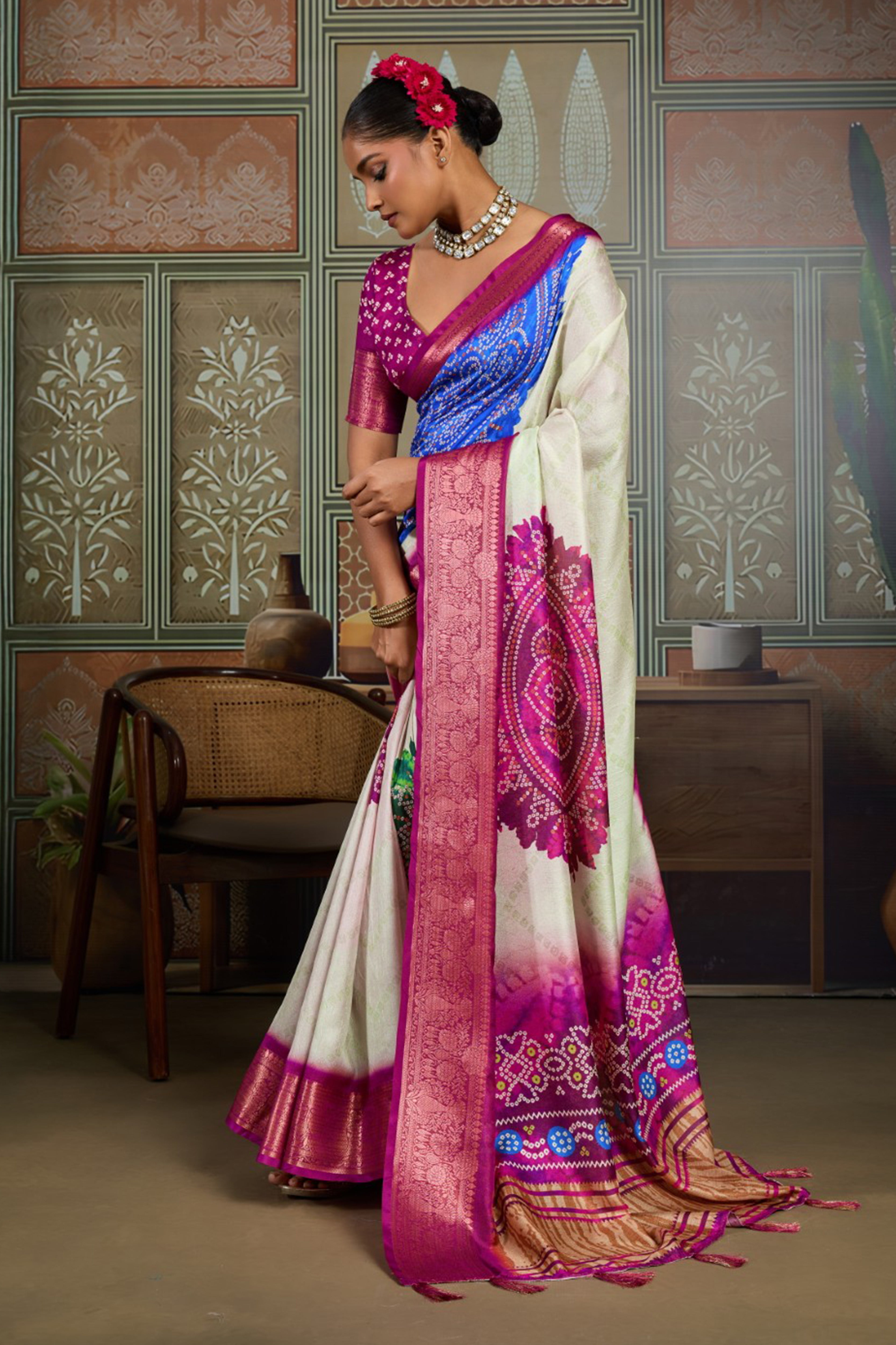 Cream White & Blue Bandhani Jacquard Saree with Pink Zari Border