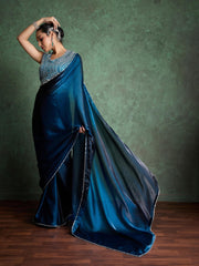 Chic Blue Saree with Creative Embroidery