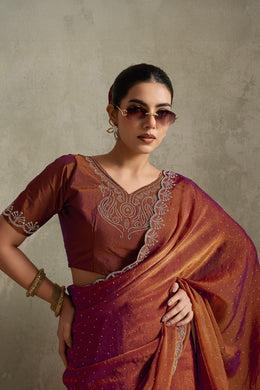 Rust Brown NC Moss Saree with Embroidered Border