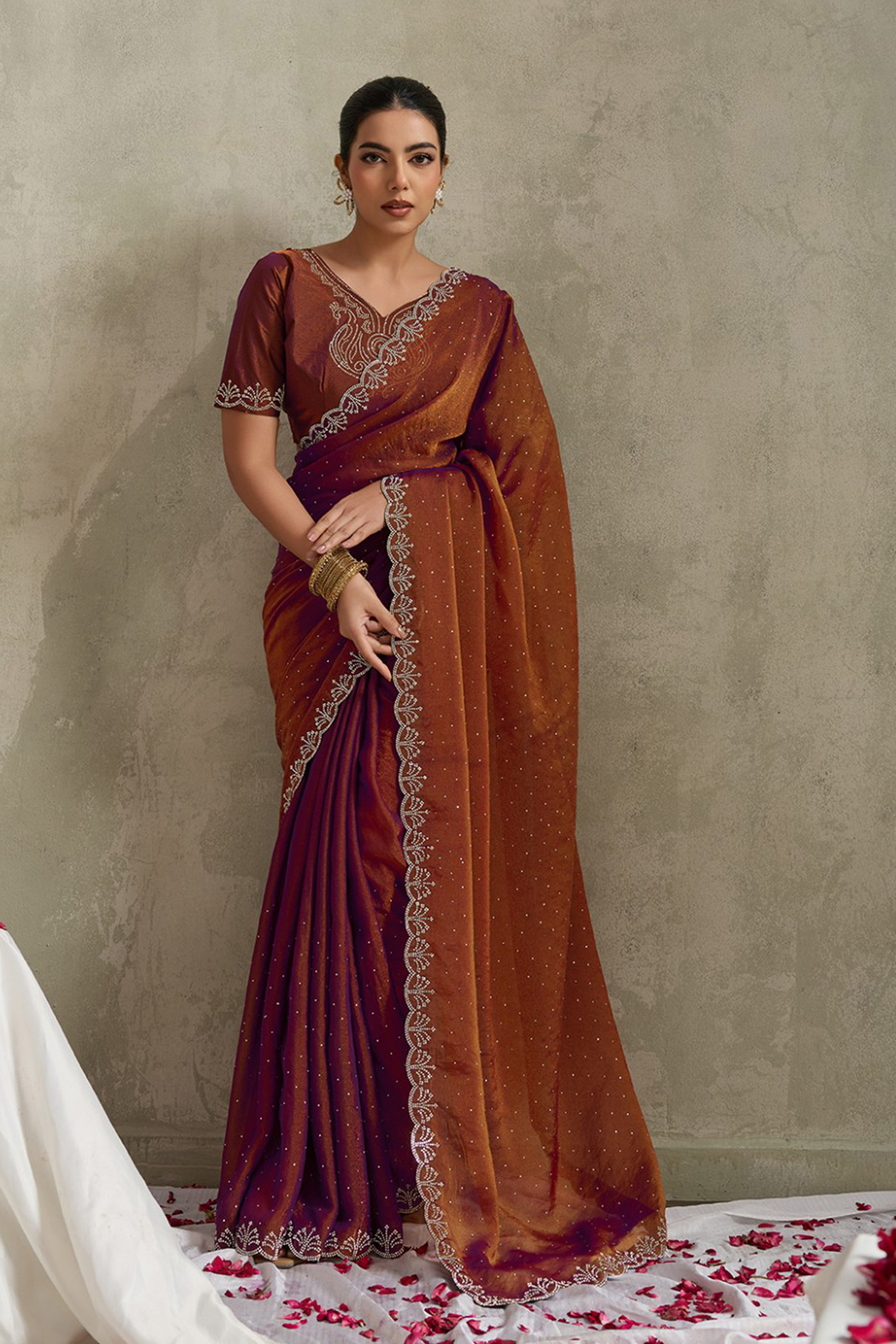 Rust Brown NC Moss Saree with Embroidered Border