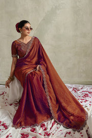 Rust Brown NC Moss Saree with Embroidered Border