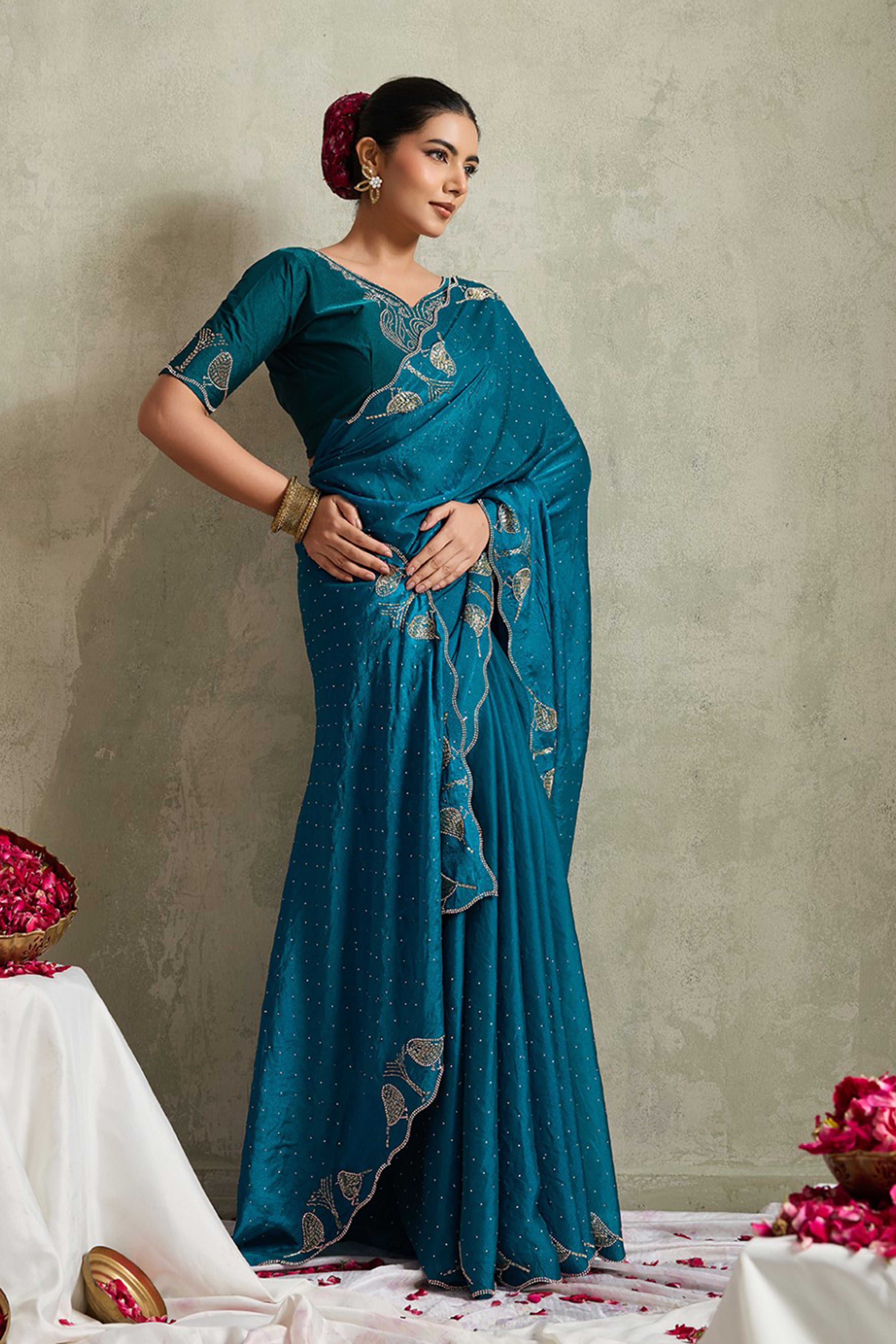 Teal Blue NC Moss Saree with Embroidered Border