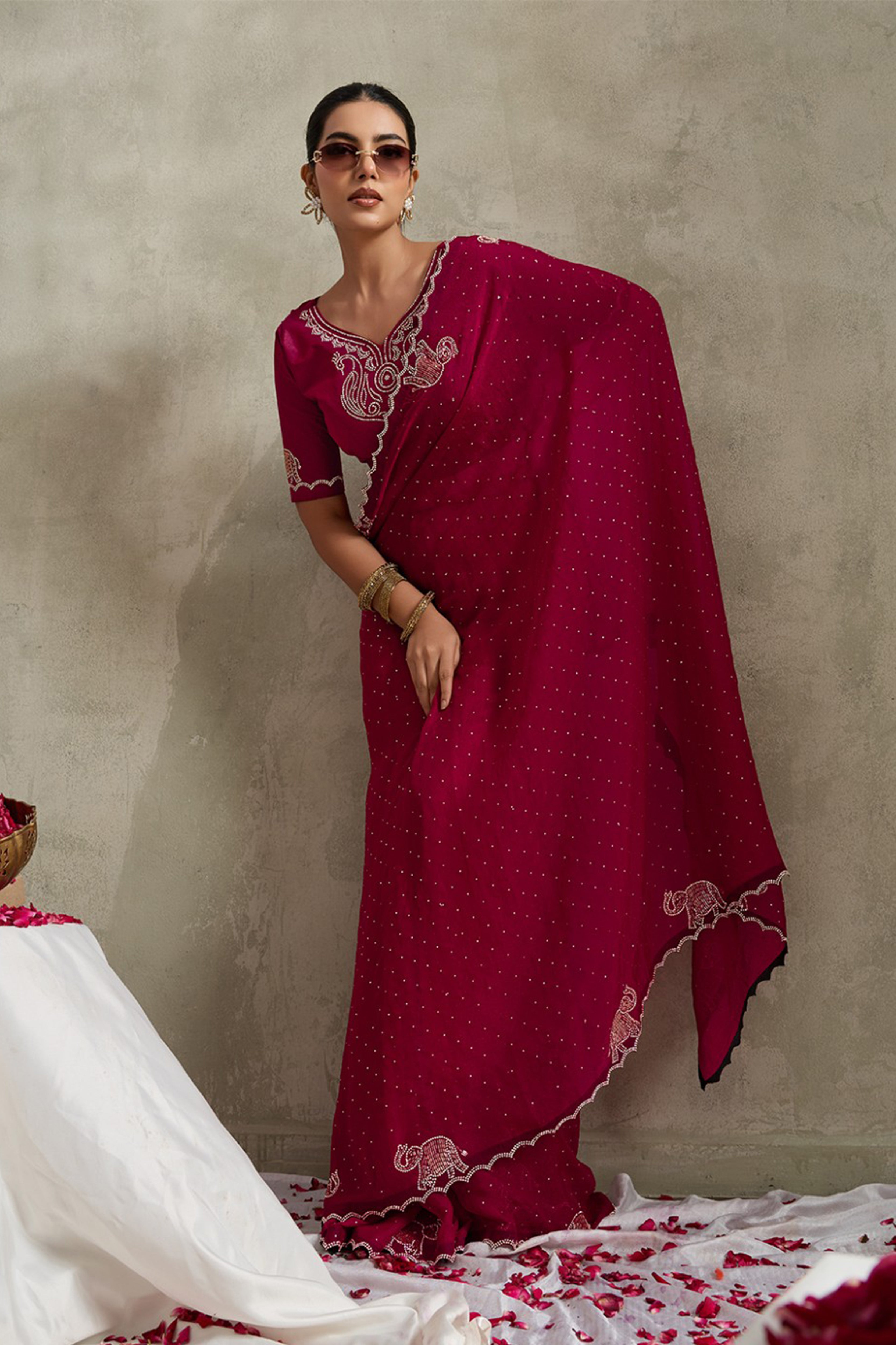 Maroon NC Moss Saree with Jarkhan Embroidery