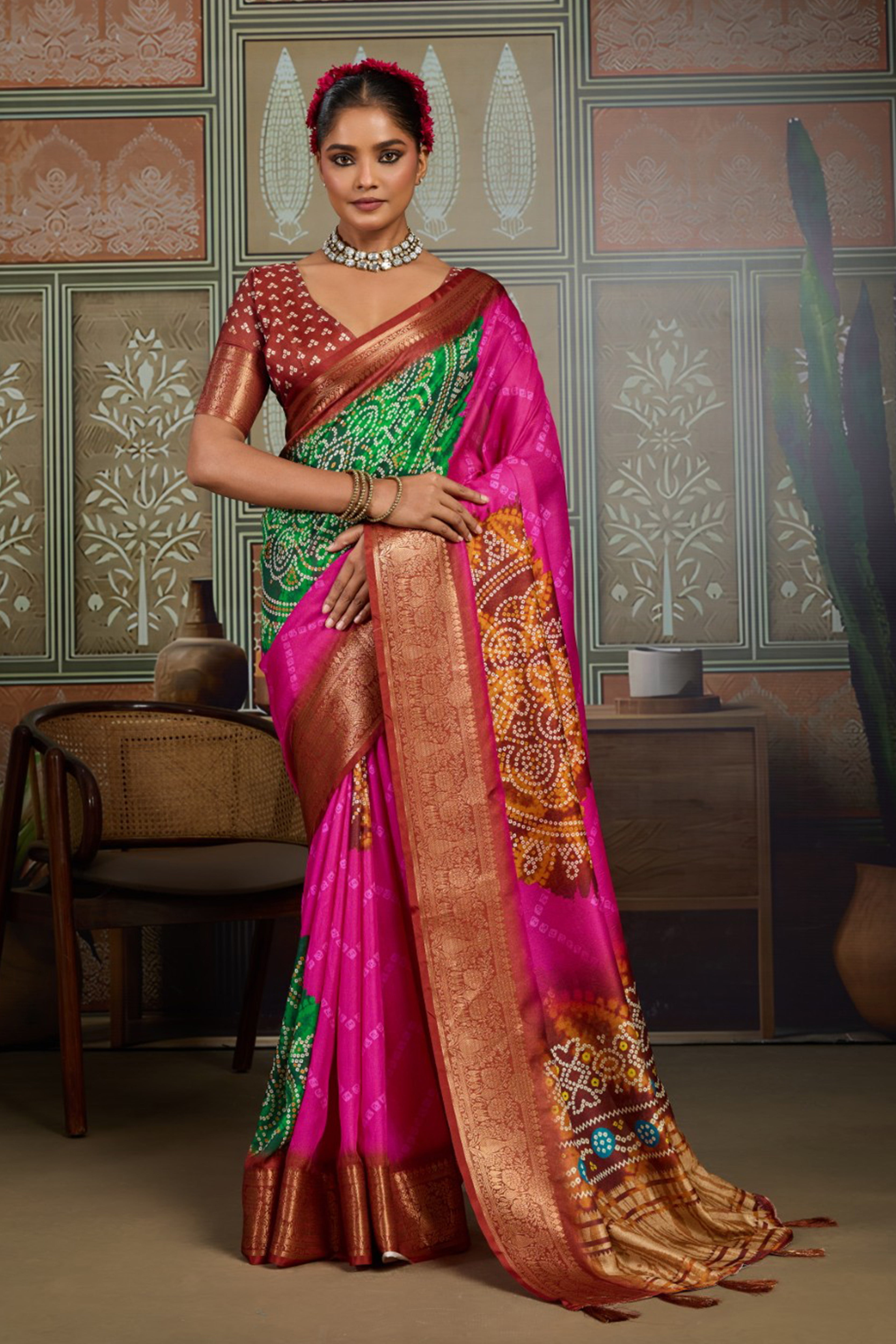 Pink & Green Bandhani Jacquard Saree with Copper Zari Border