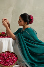 Teal Green NC Moss Saree with Embroidered Border