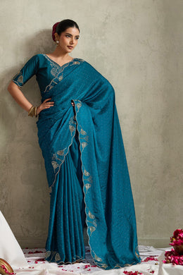Teal Blue NC Moss Saree with Embroidered Border