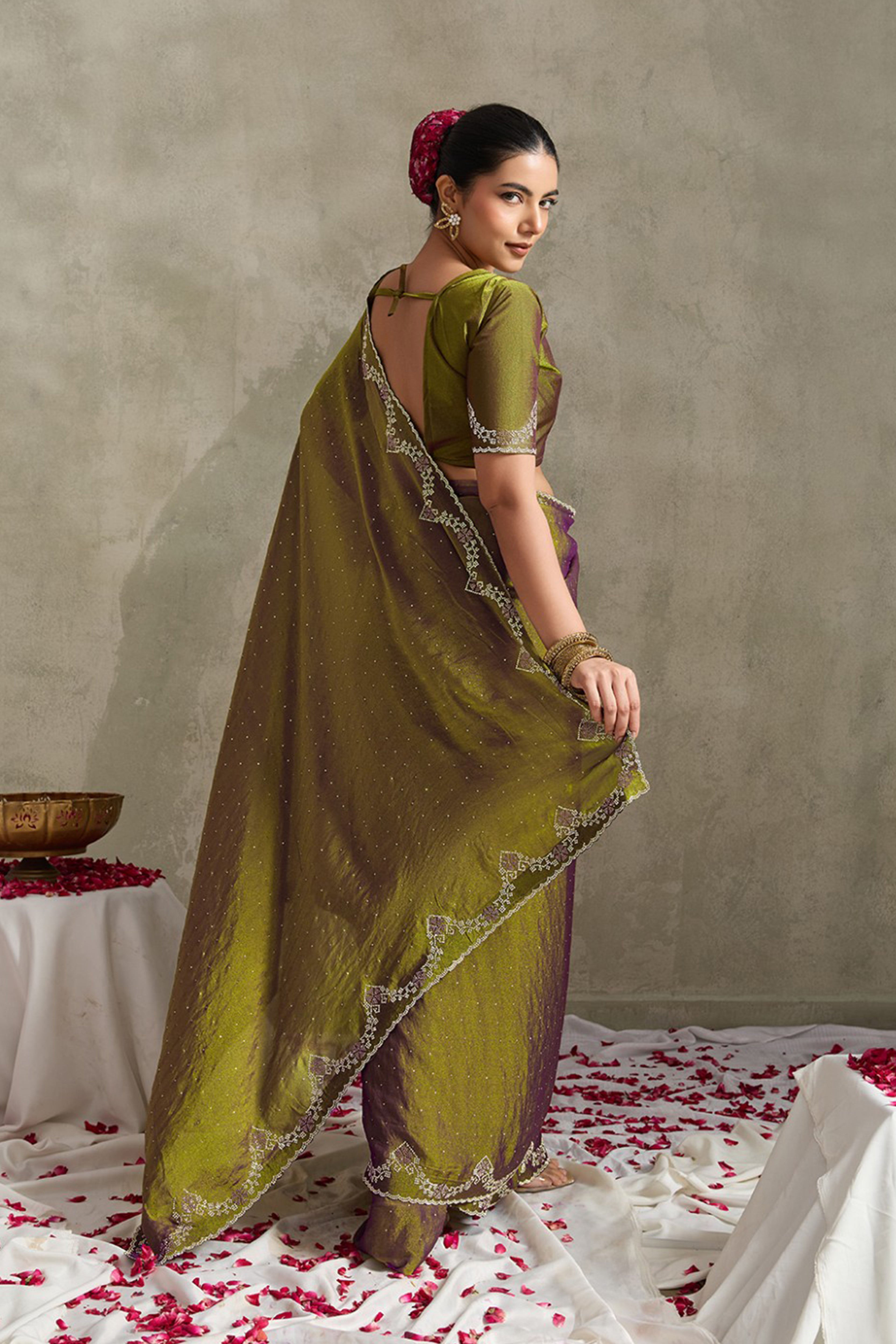 Green-Purple NC Moss Saree with Embroidered Border