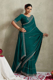 Teal Green NC Moss Saree with Embroidered Border