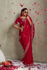 Red NC Moss Saree with Jarkhan Border