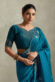 Teal Blue NC Moss Saree with Embroidered Border