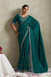 Teal Green NC Moss Saree with Embroidered Border