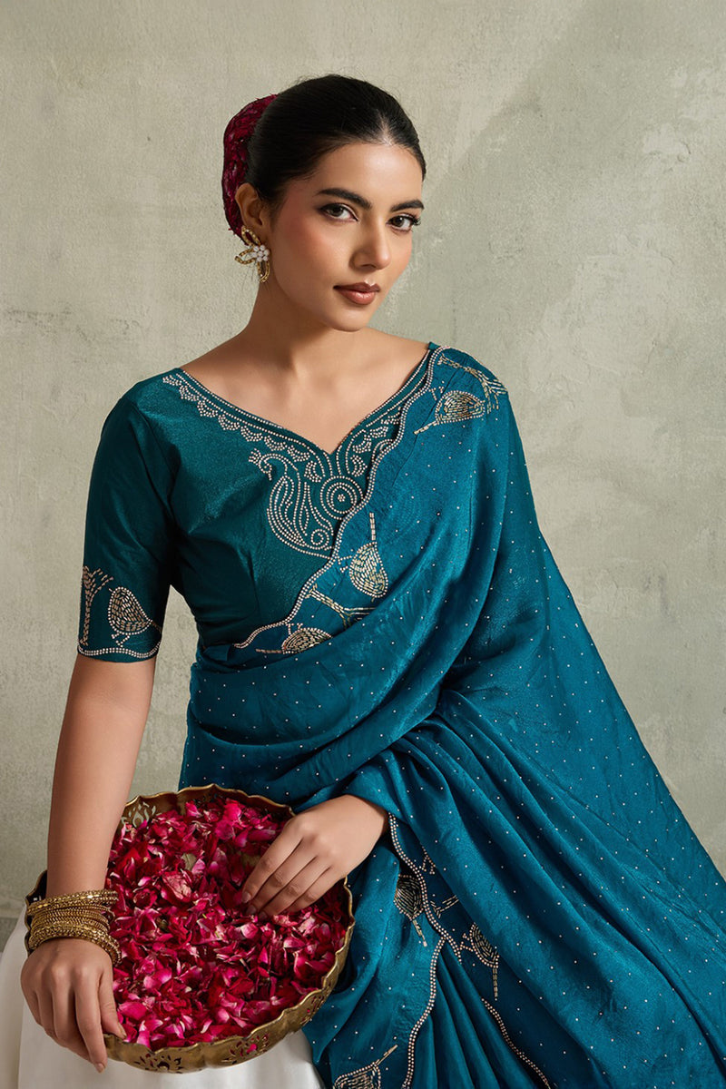 Teal Blue NC Moss Saree with Embroidered Border sedoracouture
