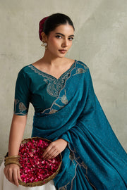 Teal Blue NC Moss Saree with Embroidered Border