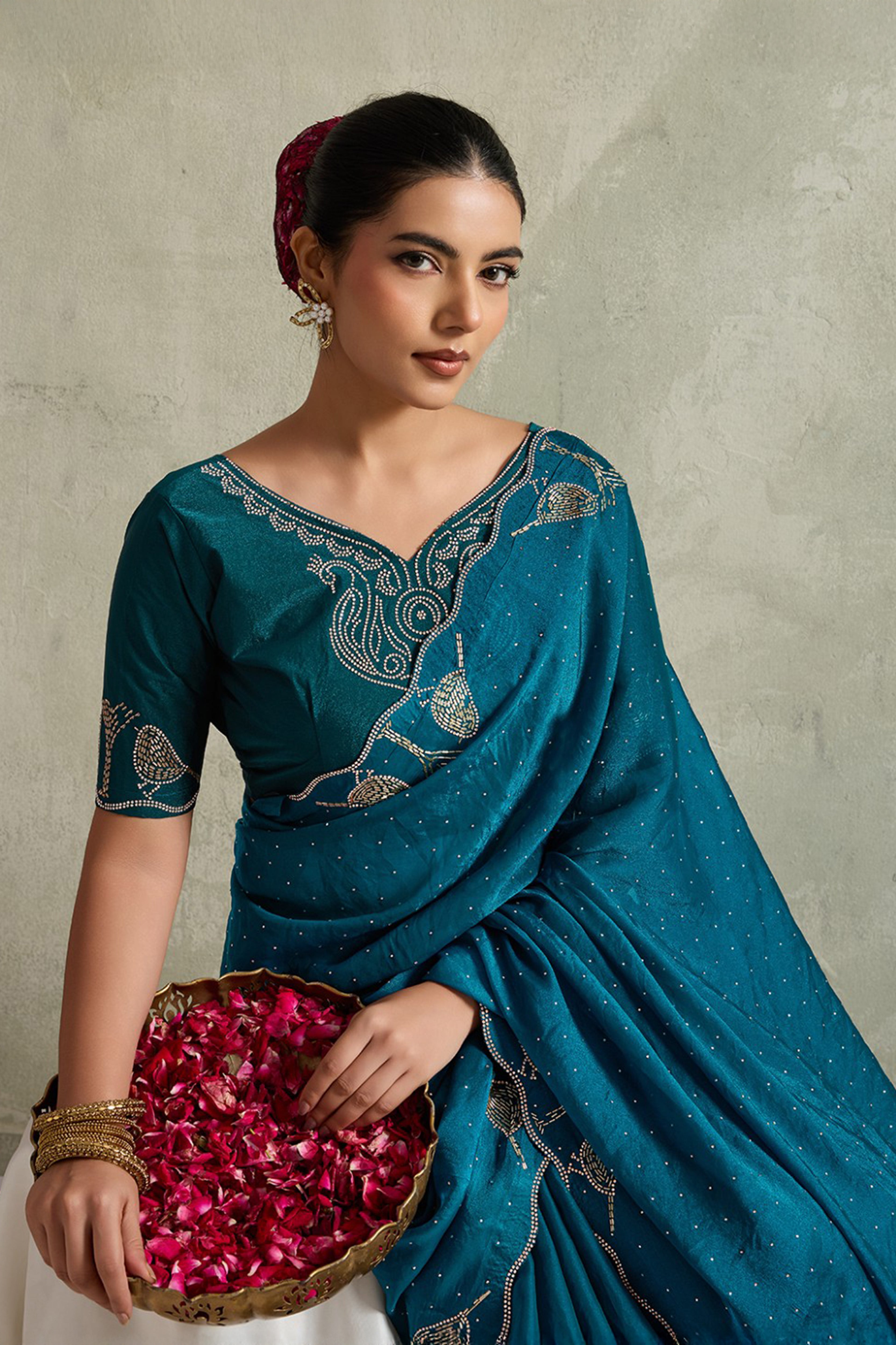 Teal Blue NC Moss Saree with Embroidered Border