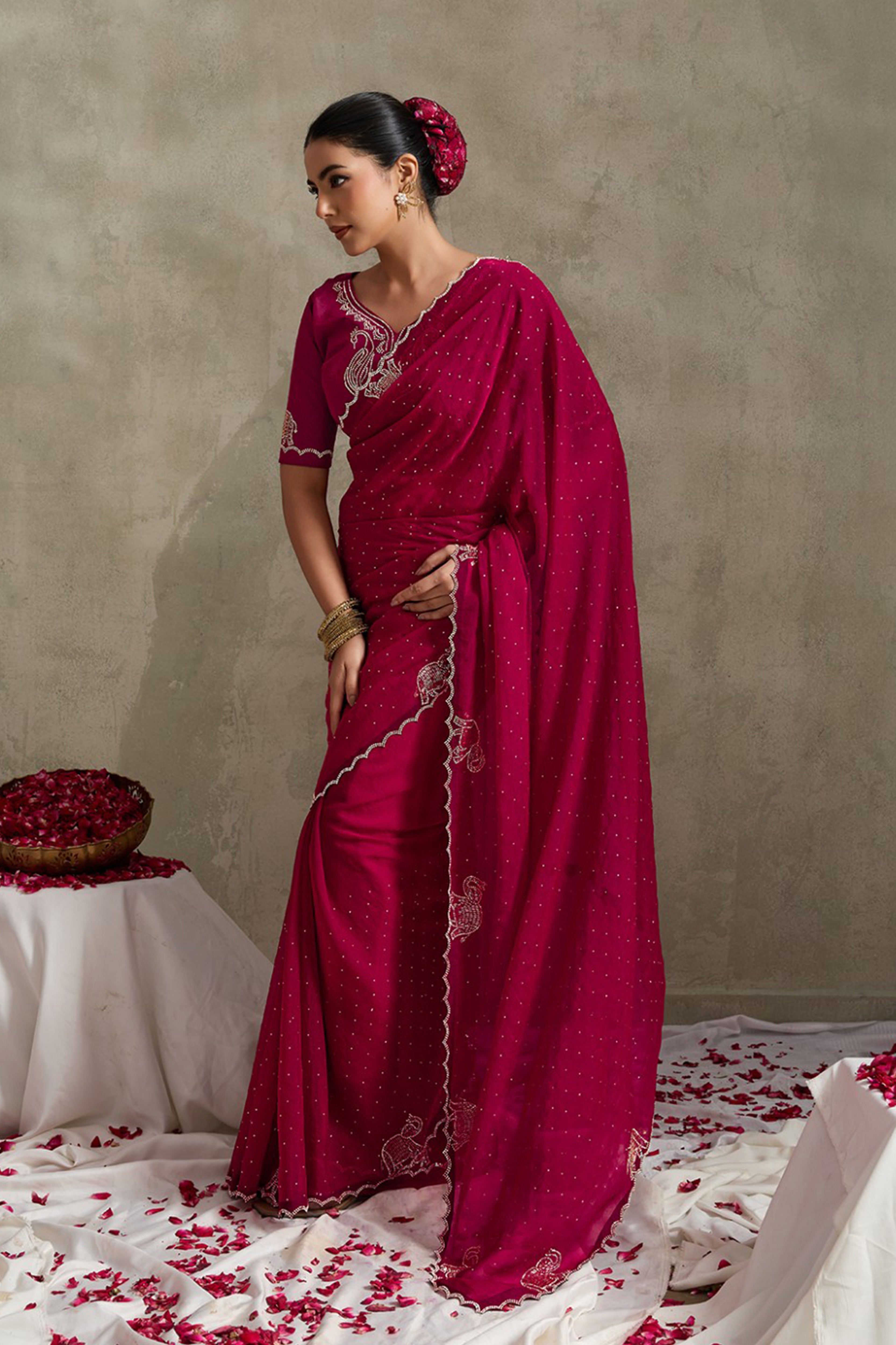 Maroon NC Moss Saree with Jarkhan Embroidery