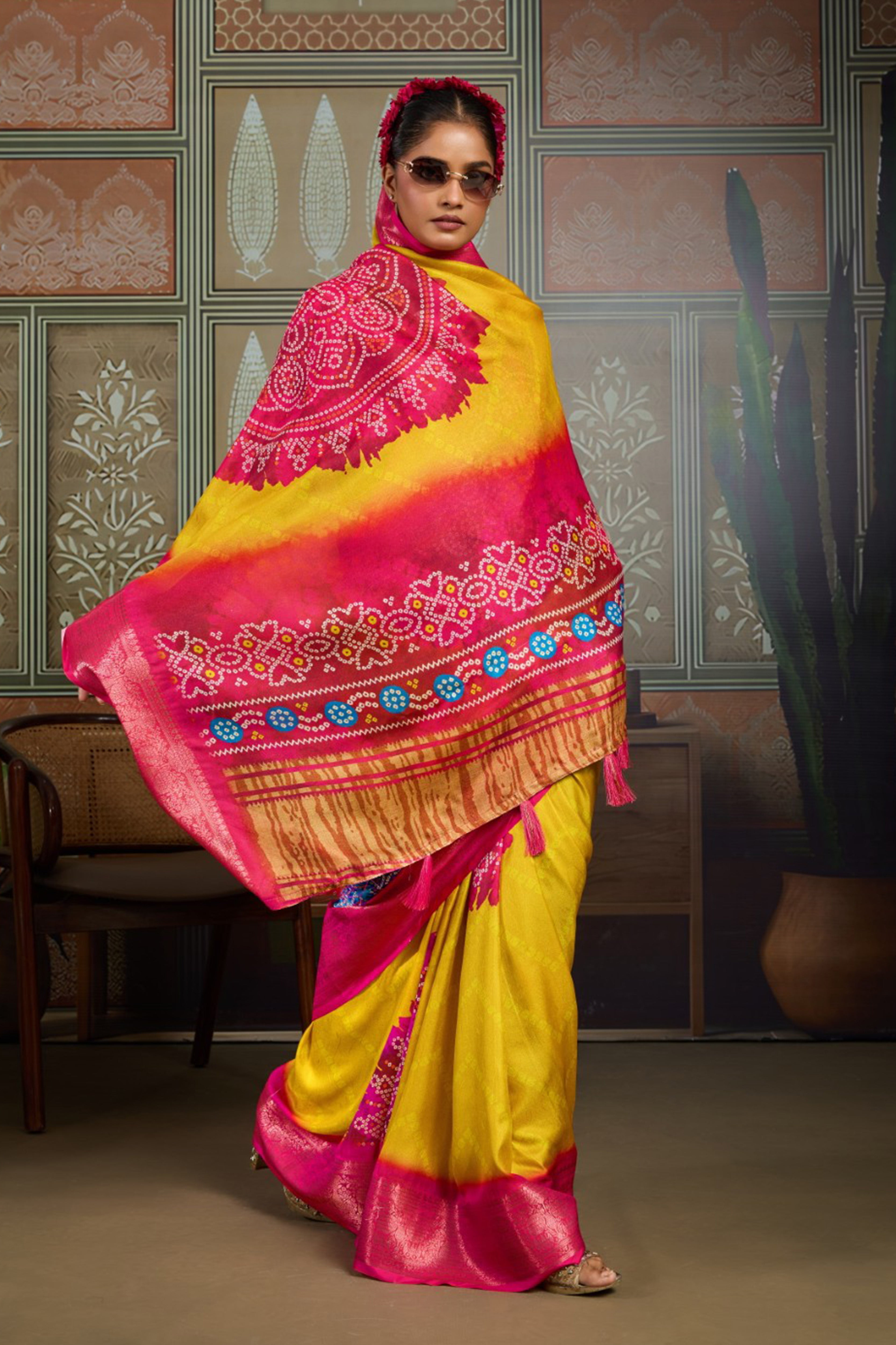 Yellow & Pink Bandhani Jacquard Saree with Zari Border