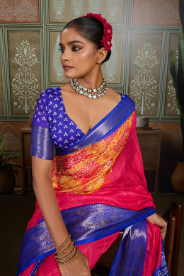 Royal Blue & Pink Bandhani Jacquard Saree with Zari Border