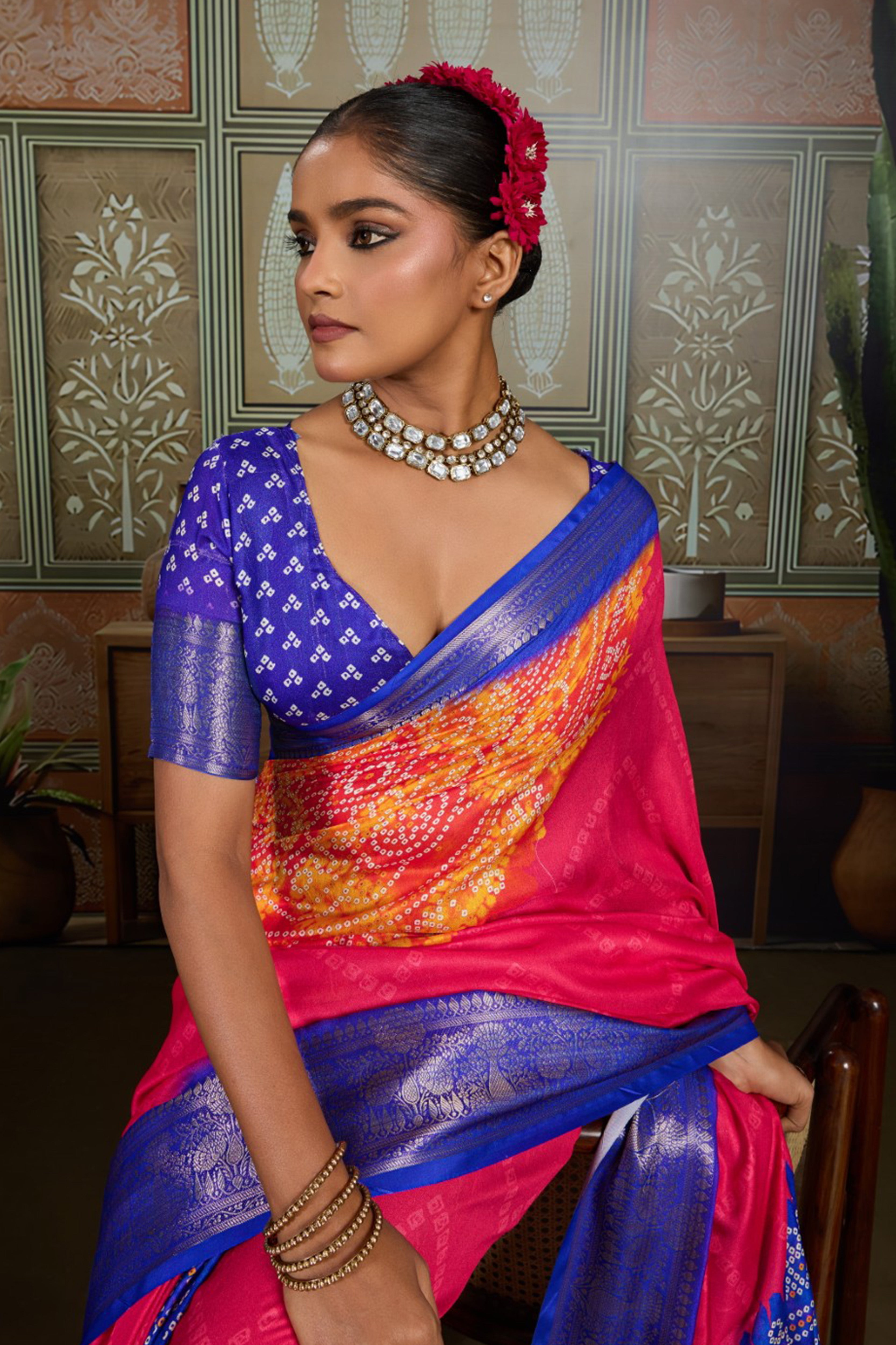Royal Blue & Pink Bandhani Jacquard Saree with Zari Border