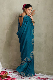 Teal Blue NC Moss Saree with Embroidered Border