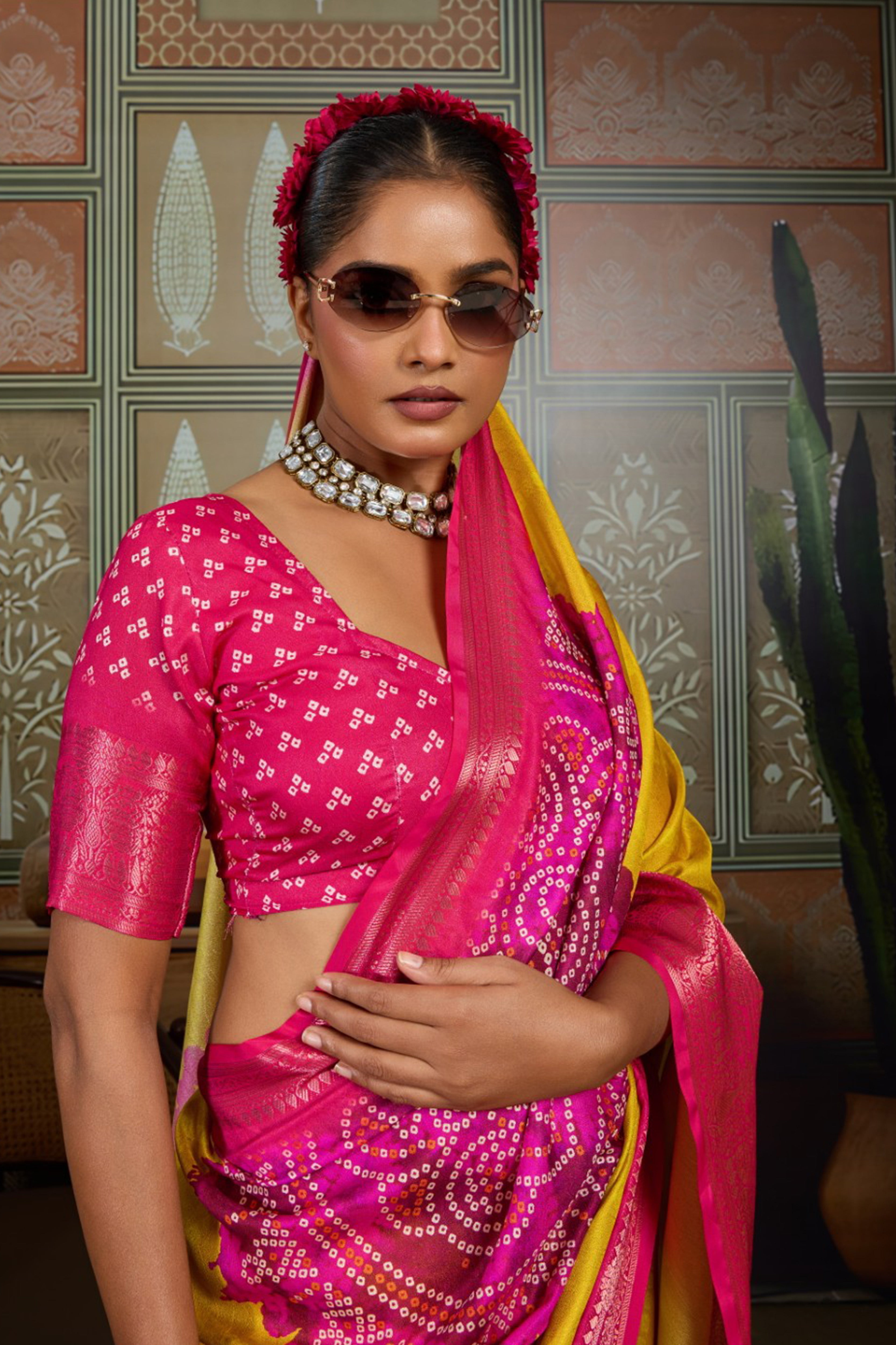 Yellow & Pink Bandhani Jacquard Saree with Zari Border