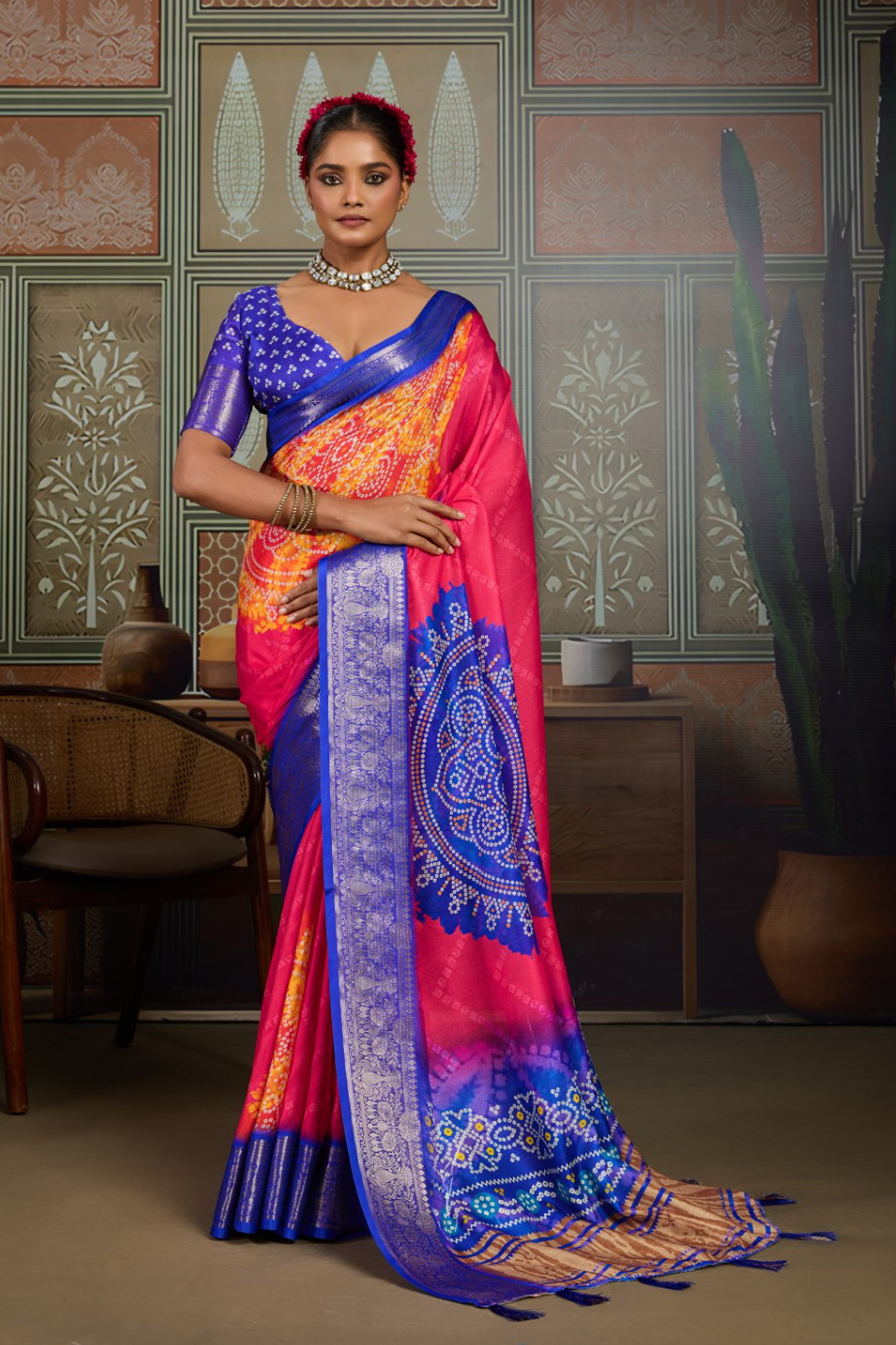 Royal Blue & Pink Bandhani Jacquard Saree with Zari Border