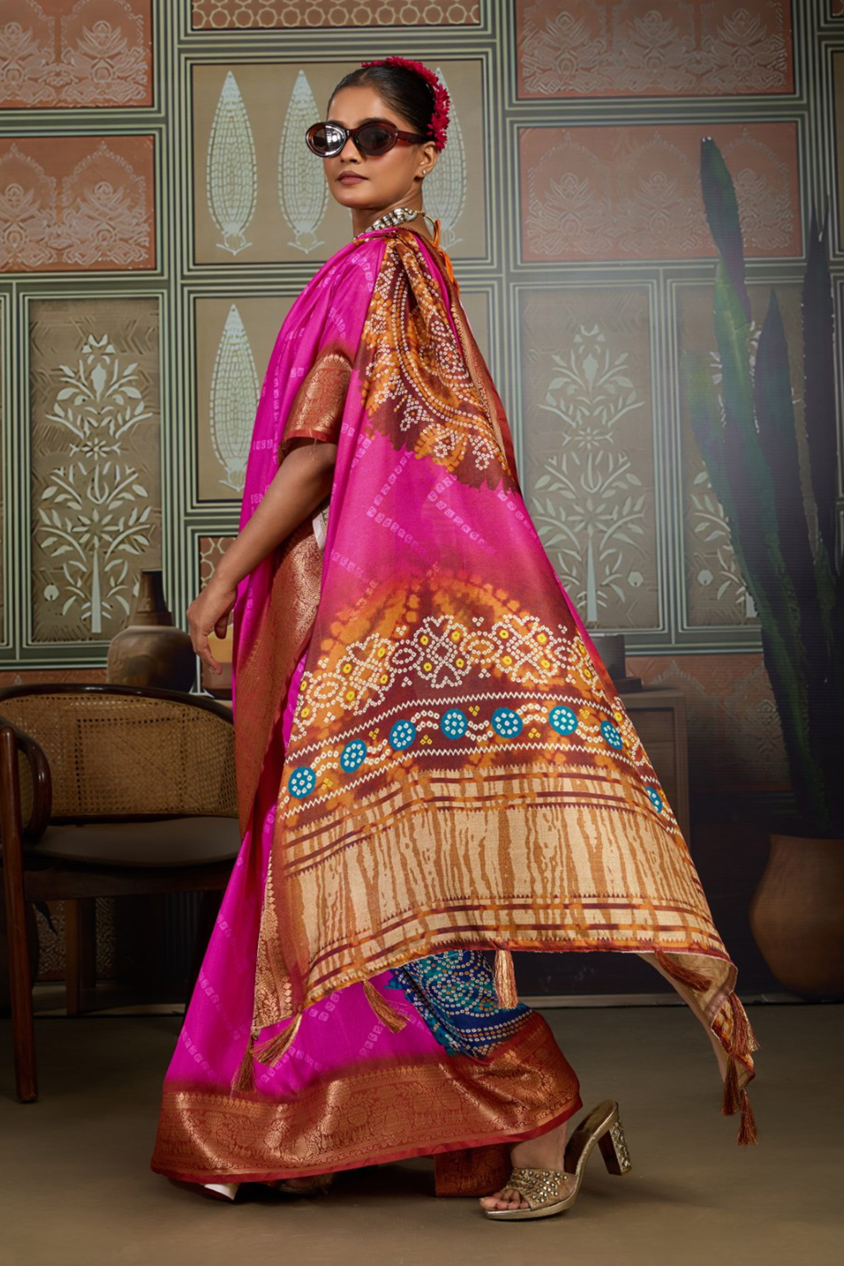 Pink & Green Bandhani Jacquard Saree with Copper Zari Border