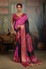 Black Bandhani Jacquard Saree with Magenta Motifs and Zari Border sedoracouture