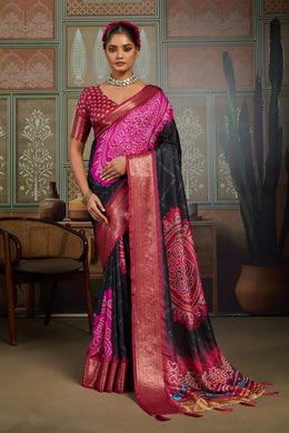 Black Bandhani Jacquard Saree with Magenta Motifs and Zari Border