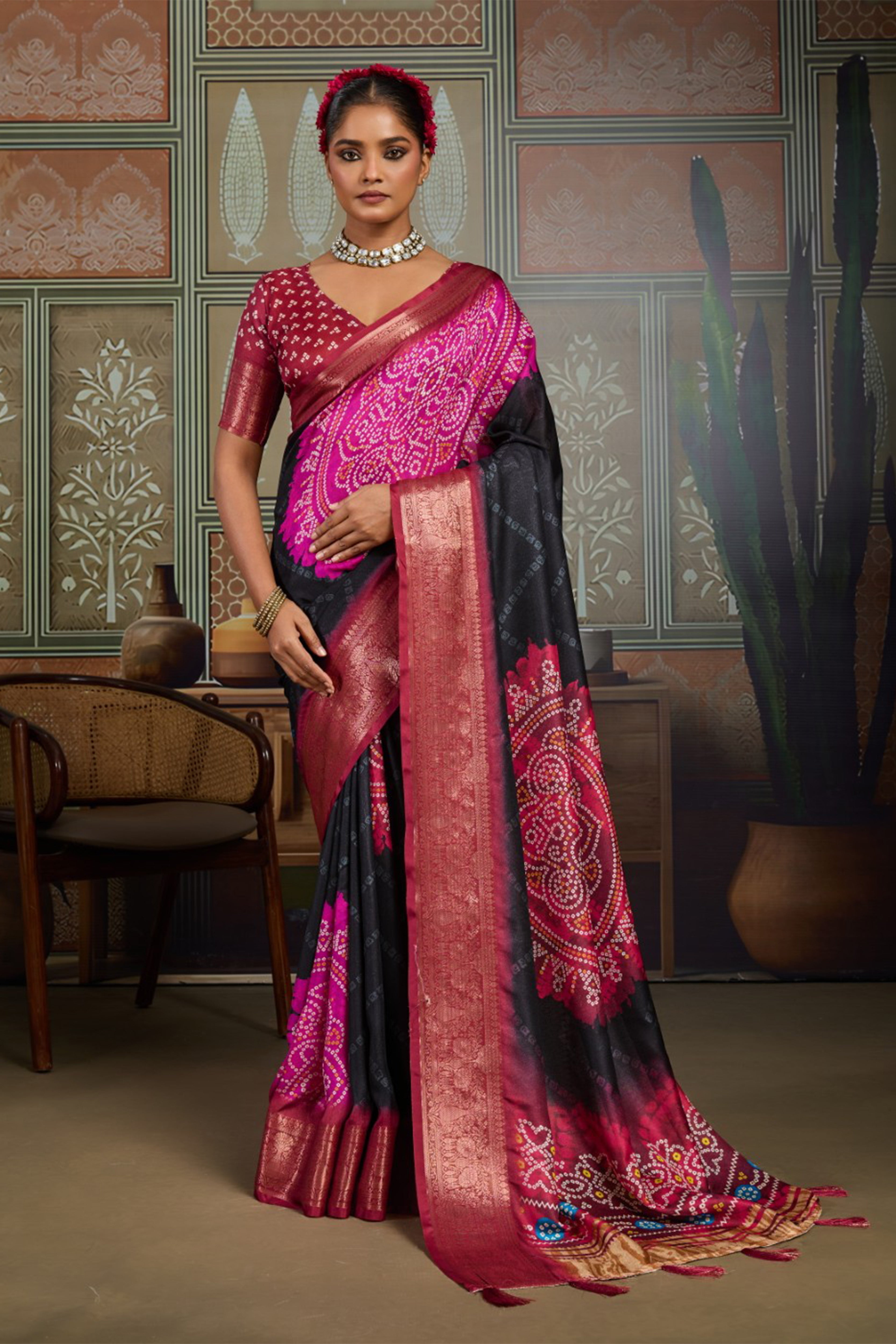 Black Bandhani Jacquard Saree with Magenta Motifs and Zari Border