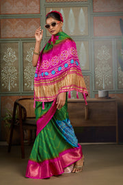Green & Pink Bandhani Jacquard Saree with Zari Border sedoracouture