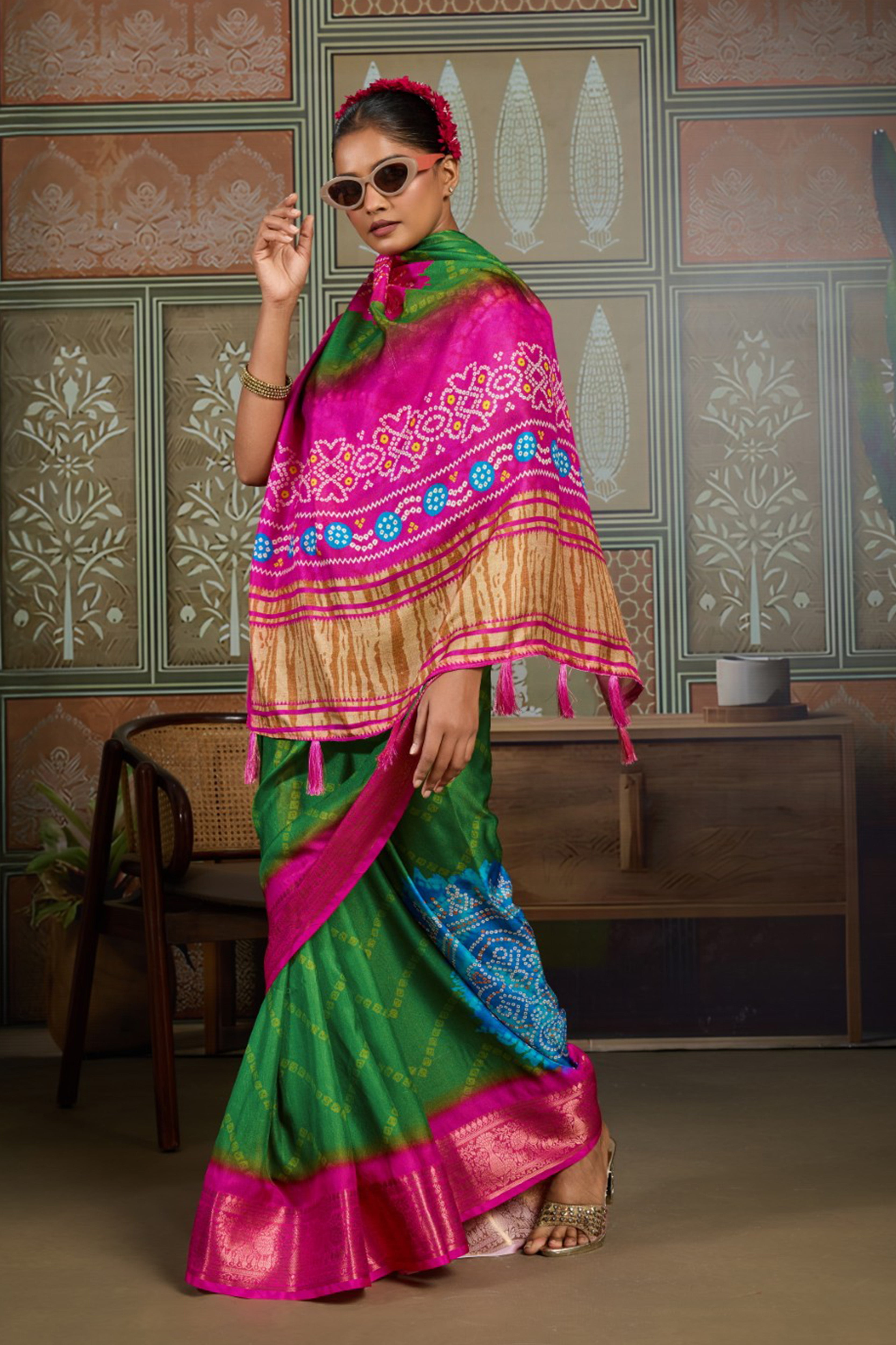 Green & Pink Bandhani Jacquard Saree with Zari Border