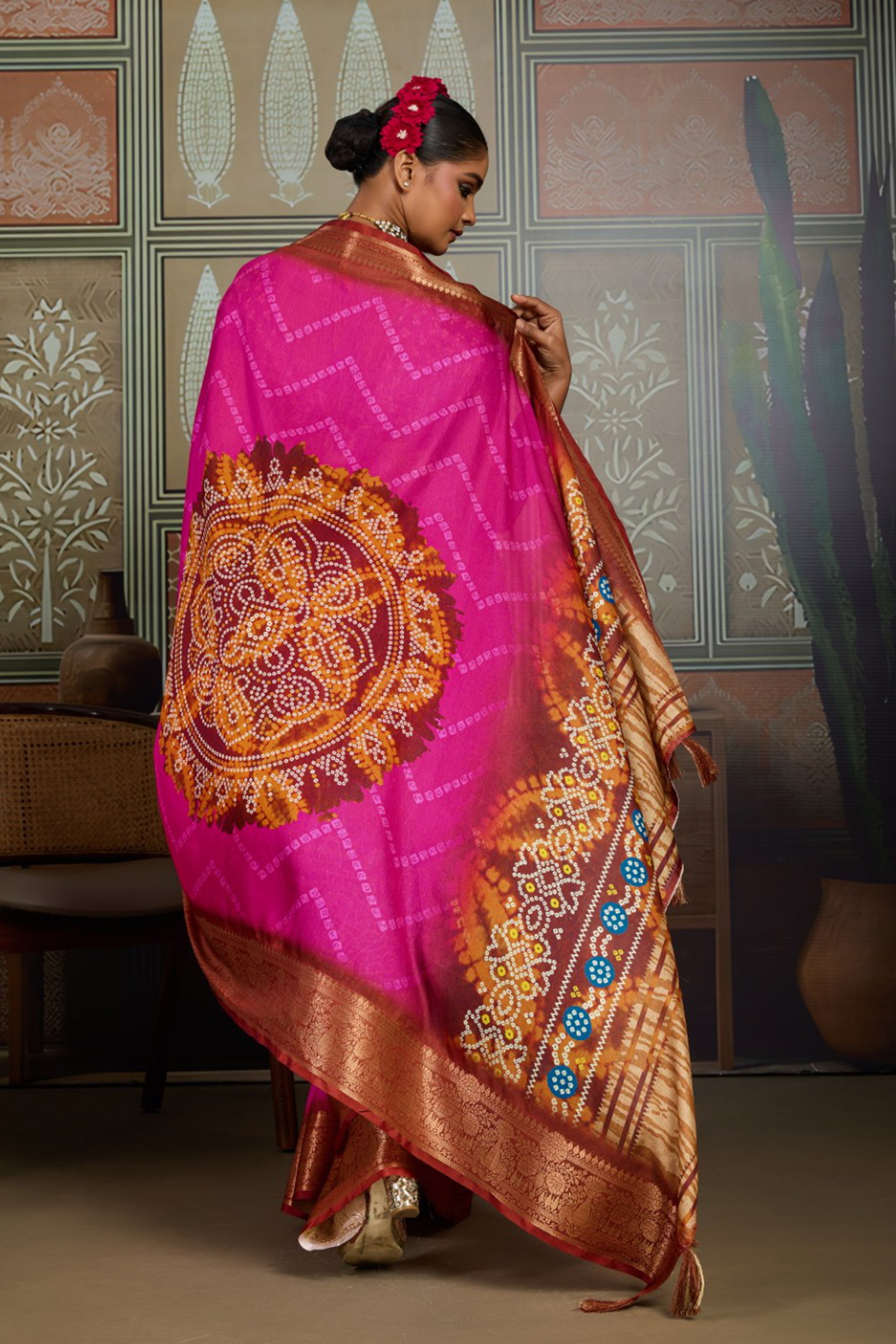 Pink & Green Bandhani Jacquard Saree with Copper Zari Border